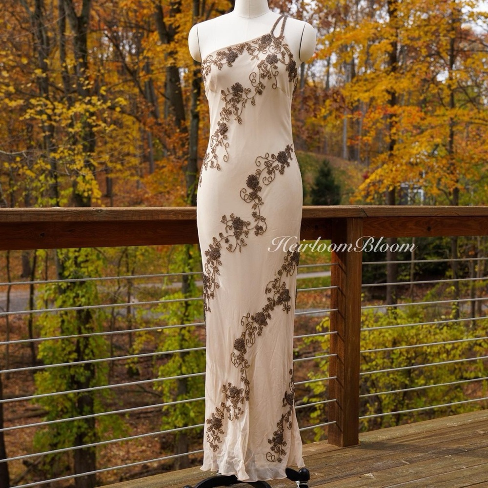 Vintage 90s 100% Silk Floral Beaded Newport News Prom/Formal Evening Dress